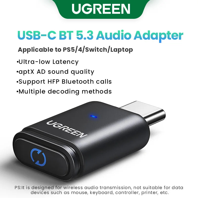 USB C Type-C Bluetooth 5.3 Transmitter Aptx HD AD Audio Adapter for PC PS5 PS4 Nintendo Switch Headset Speaker Mic