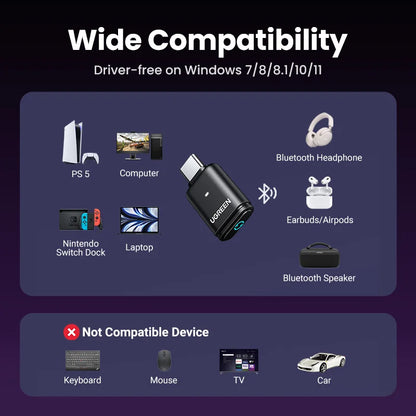 USB C Type-C Bluetooth 5.3 Transmitter Aptx HD AD Audio Adapter for PC PS5 PS4 Nintendo Switch Headset Speaker Mic