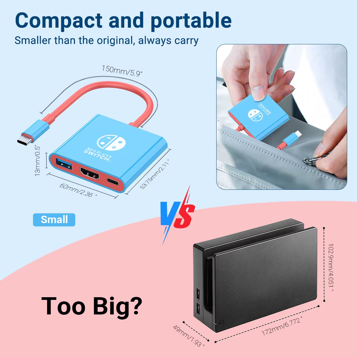 Portable Nintendo Switch Docking Station Hub with HDMI and USB 3.0